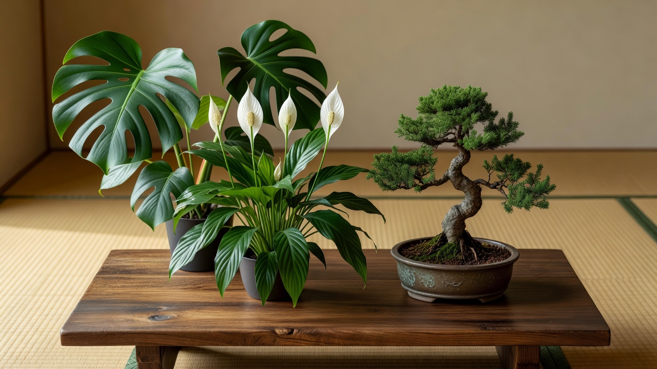日本の室内に置かれた植物と柔らかな自然光
